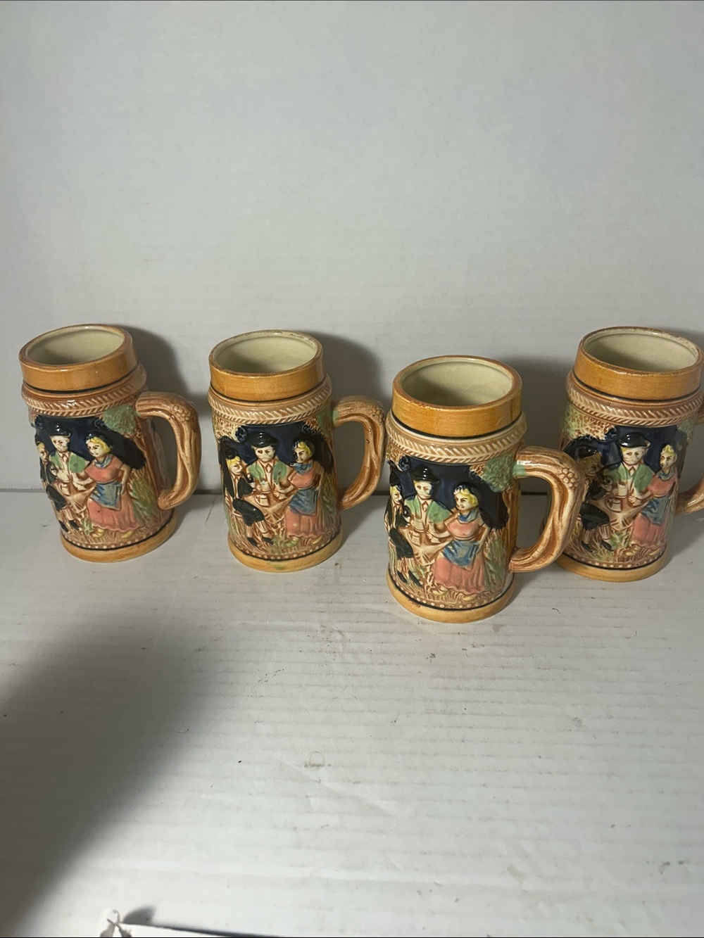 Hand-Painted Tan Ceramic Beer Stein Set - 4 Piece